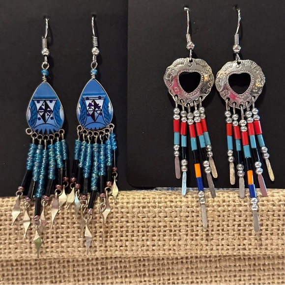 Set of 2 pairs Boho / Southwestern Earrings - silver beaded dangles blues, red - Picture 4 of 11
